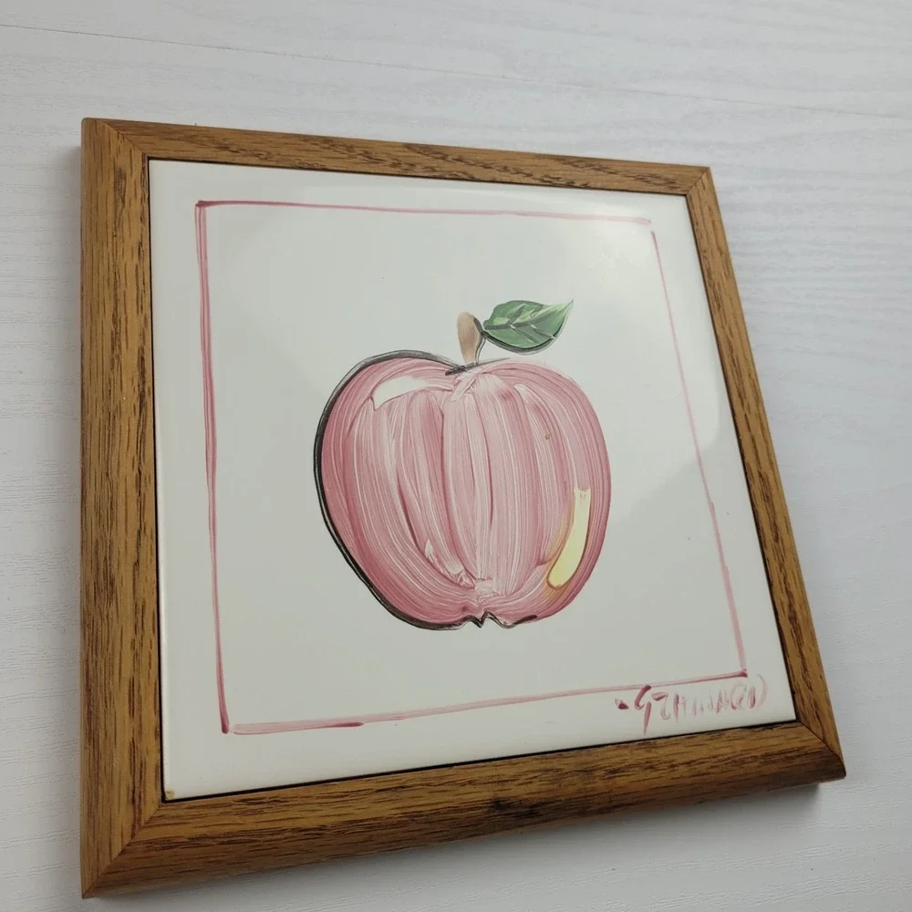 Vintage 90s Apple Tile Howard Originals 1992 Hand Painted wooden Framed wall Art